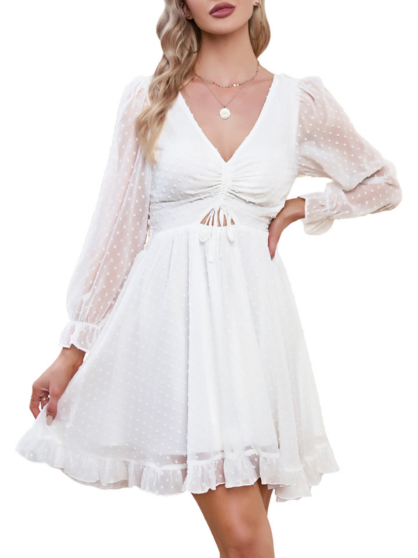 EXLURA Women’s Swiss Dot Flowy Mini Dress V Neck Long Puff Sleeve Tie Back Ruffle Dress Sexy Cottagecore Wedding Guest Dress