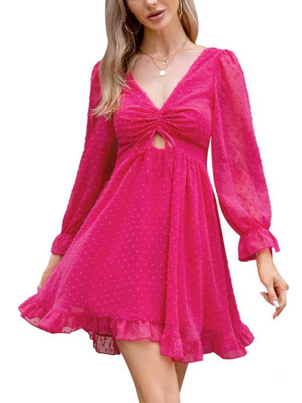 EXLURA Women’s Swiss Dot Flowy Mini Dress V Neck Long Puff Sleeve Tie Back Ruffle Dress Sexy Cottagecore Wedding Guest Dress