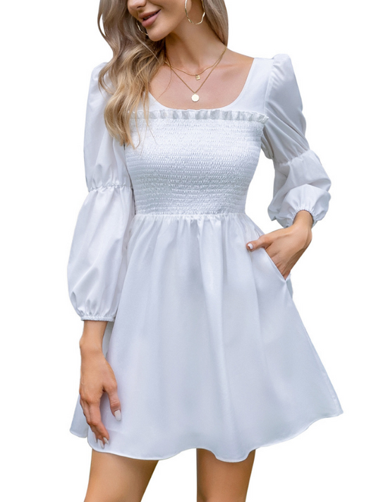 EXLURA Women’s Long Puff Sleeve Dress with Pockets Smocked Ruffle Square Neck Mini Dress Babydoll Vintage Cocktail Party Dress