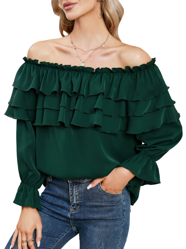 Byinns Women’s Off The Shoulder Layered Ruffle Tops Long Puff Sleeve Flowy Blouses Shirts Party Dressy Tops