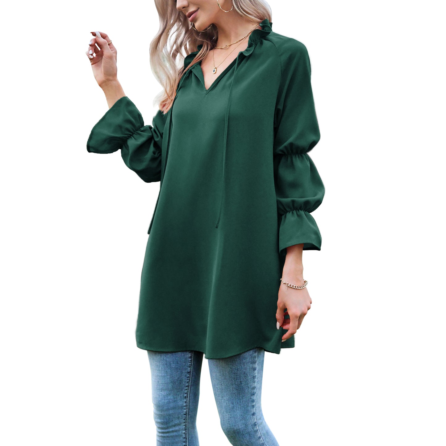 Exlura Women’s Vintage Casual Mini Dress Tie Front Ruffle Long Puff Sleeve Tunic Dress Cocktail Party Dress