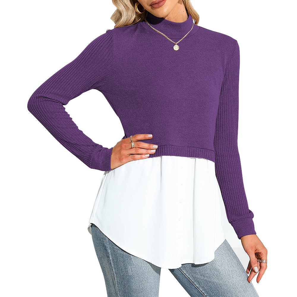 EXLURA Women's Patchwork Shirt Office Shirt Ribbed Sleeve Button Down Shirt Hem 2 in 1 Pullover Blouse Tops for Work