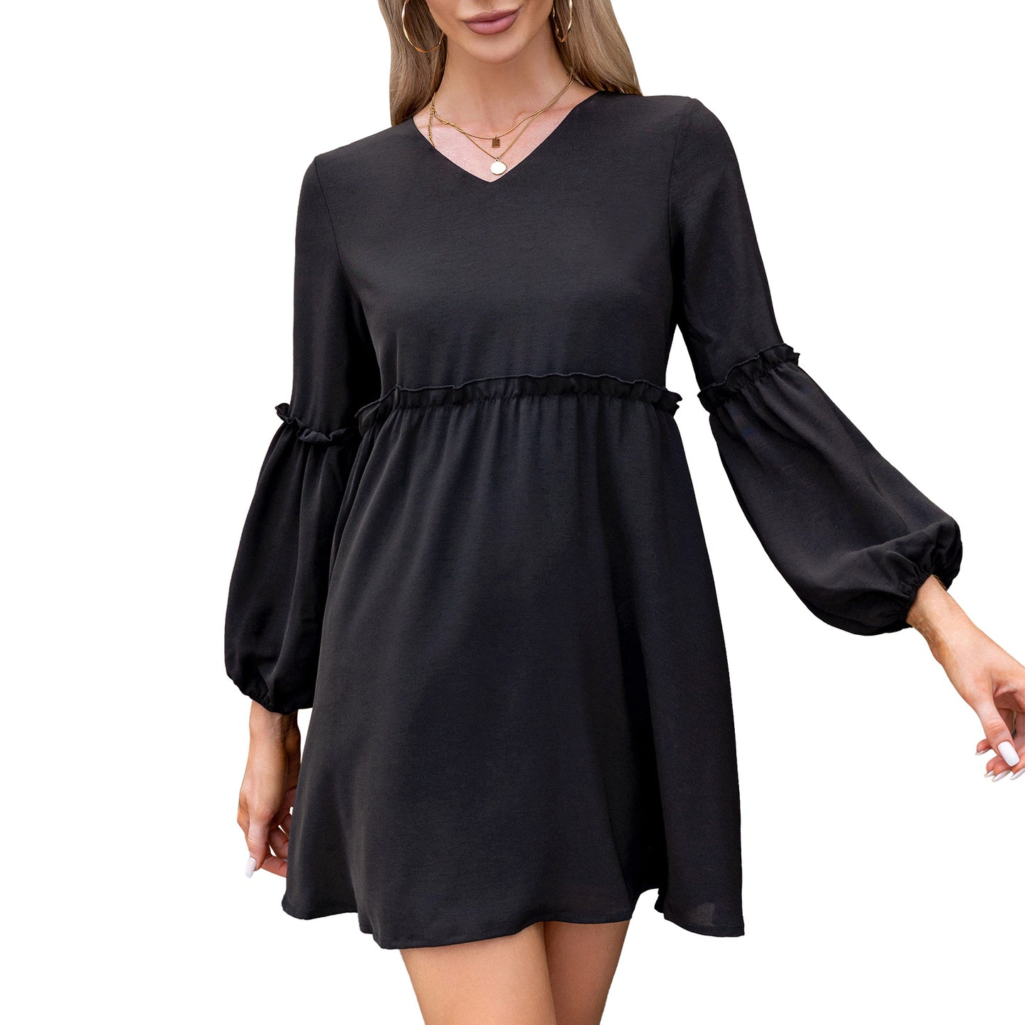 Exlura Women’s Casual Flowy Tunic Tshirt Dress V Neck Ruffle Long Puff Sleeve Dress Cocktail Party Mini Dress