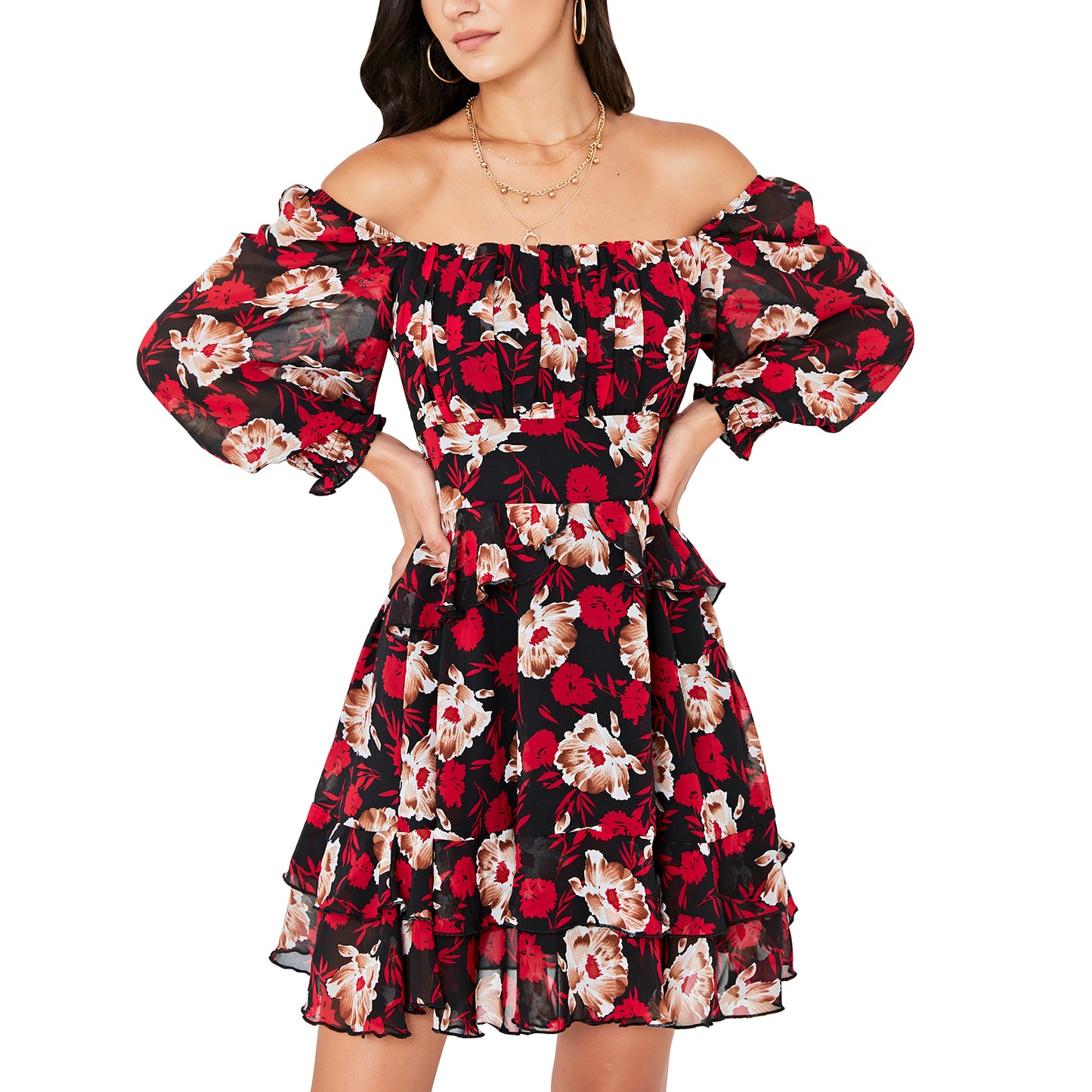 Tiered Square Neck Off Shoulder Smocked Skater  Sundress