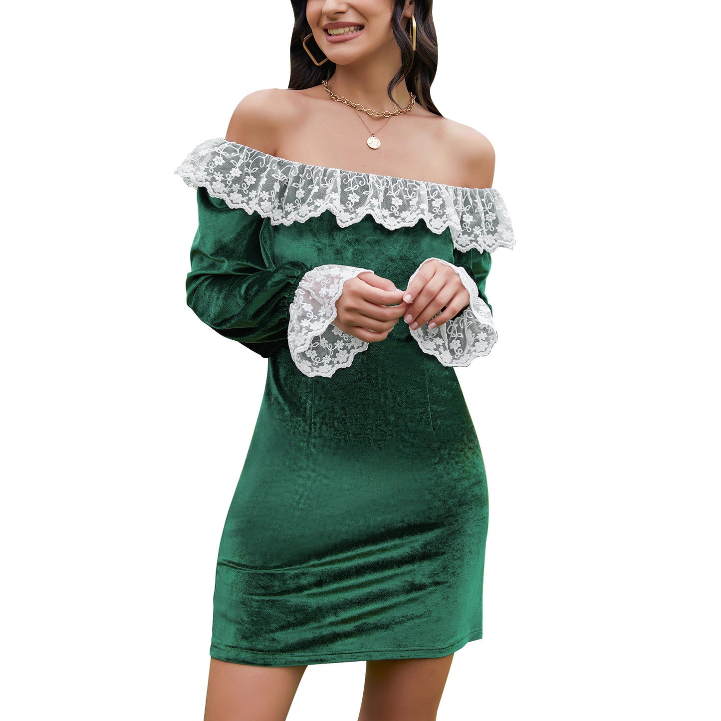 Exlura Women’s Lace Ruffle Velvet Mini Dress Square Neck Long Lantern Sleeve Victorian Dress Club Cocktail Party Bodycon Dress
