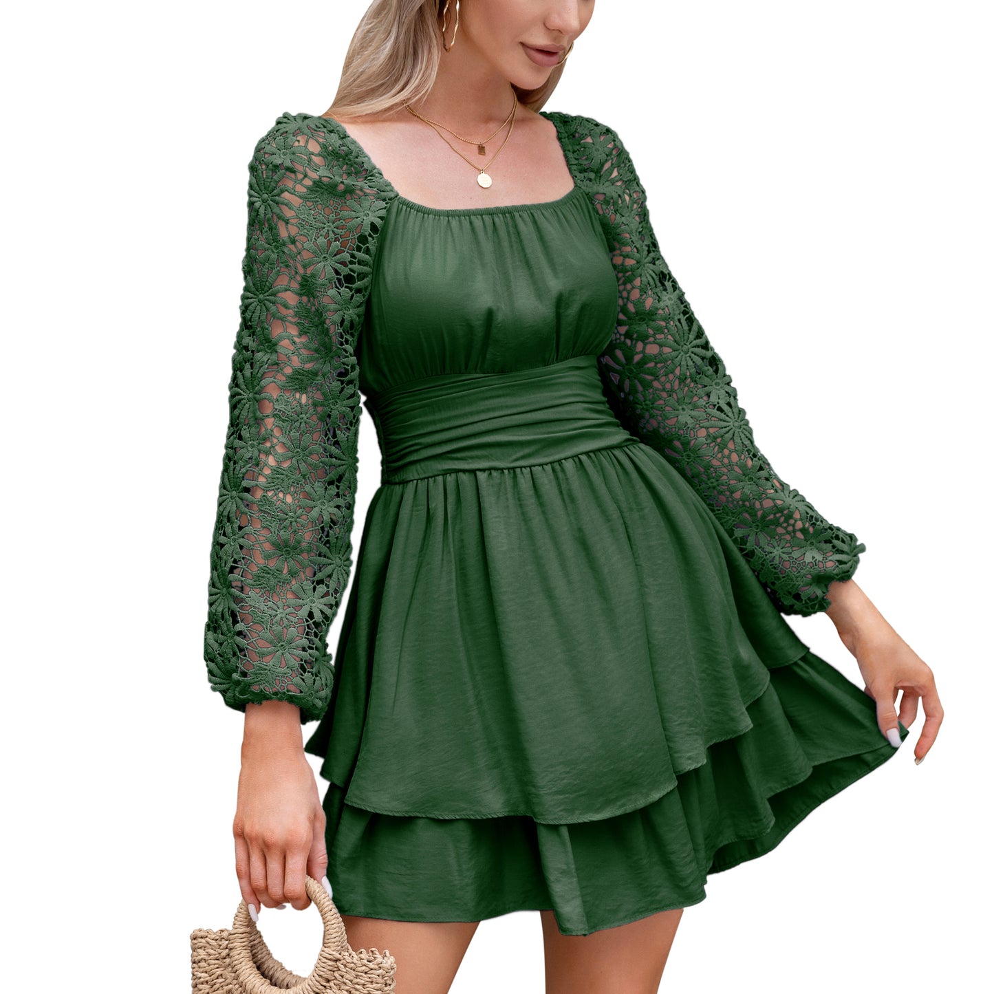 KRDR302EXLURA Women’s Lace Long Puff Sleeve Mini Dress Square Neck Backless Short Swing Party Dress Tie Back Bridesmaid Wedding Guest Dresses