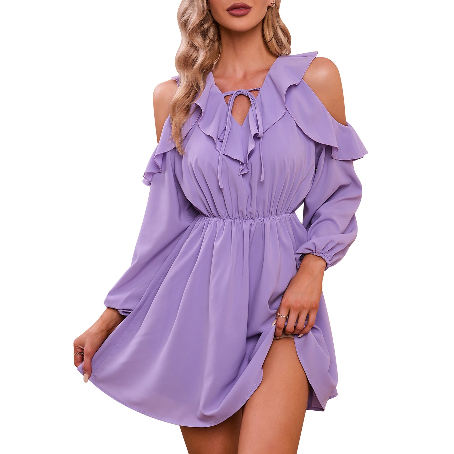 Exlura Women’s Ruffle Swing Mini Dress Cold Shoulder V Neck Long Sleeve Dress Cute Bridal Shower Wedding Guest Dress