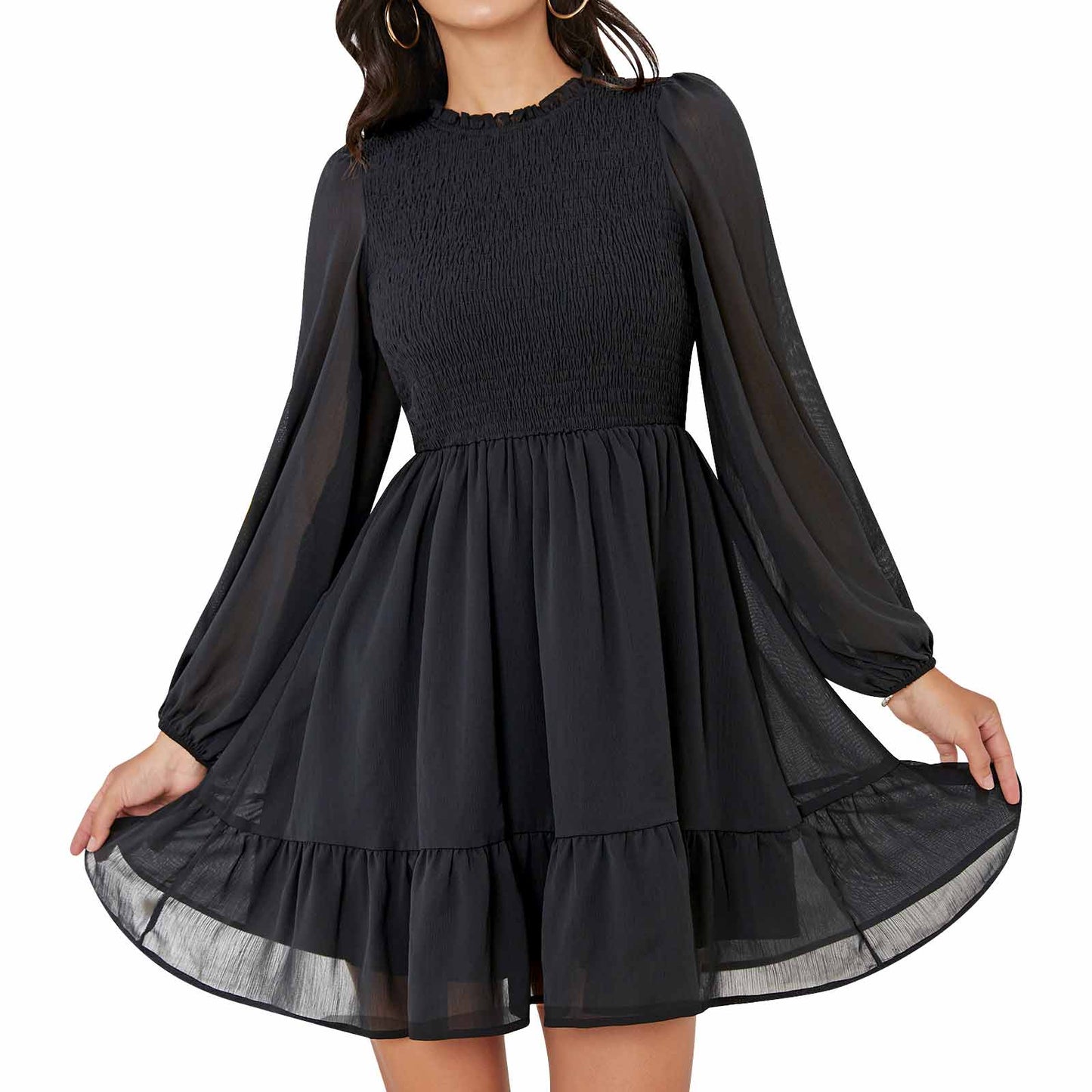 Exlura Women’s Vintage Mini Dress Round Neck Long Lantern Sleeve Ruffle Dress Cute Babydoll Casual Dresses