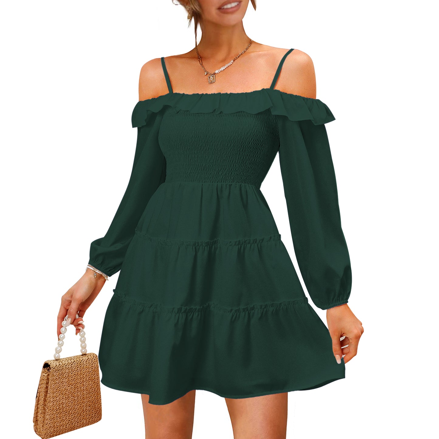 EXLURA Women’s Off shoulder Smocked Tiered Mini Dress Ruffle Long Puff Sleeve Dress Elegant Cocktail Party Dress