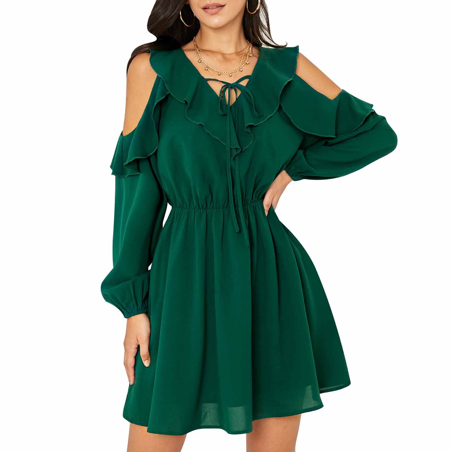 Exlura Women’s Ruffle Swing Mini Dress Cold Shoulder V Neck Long Sleeve Dress Cute Bridal Shower Wedding Guest Dress