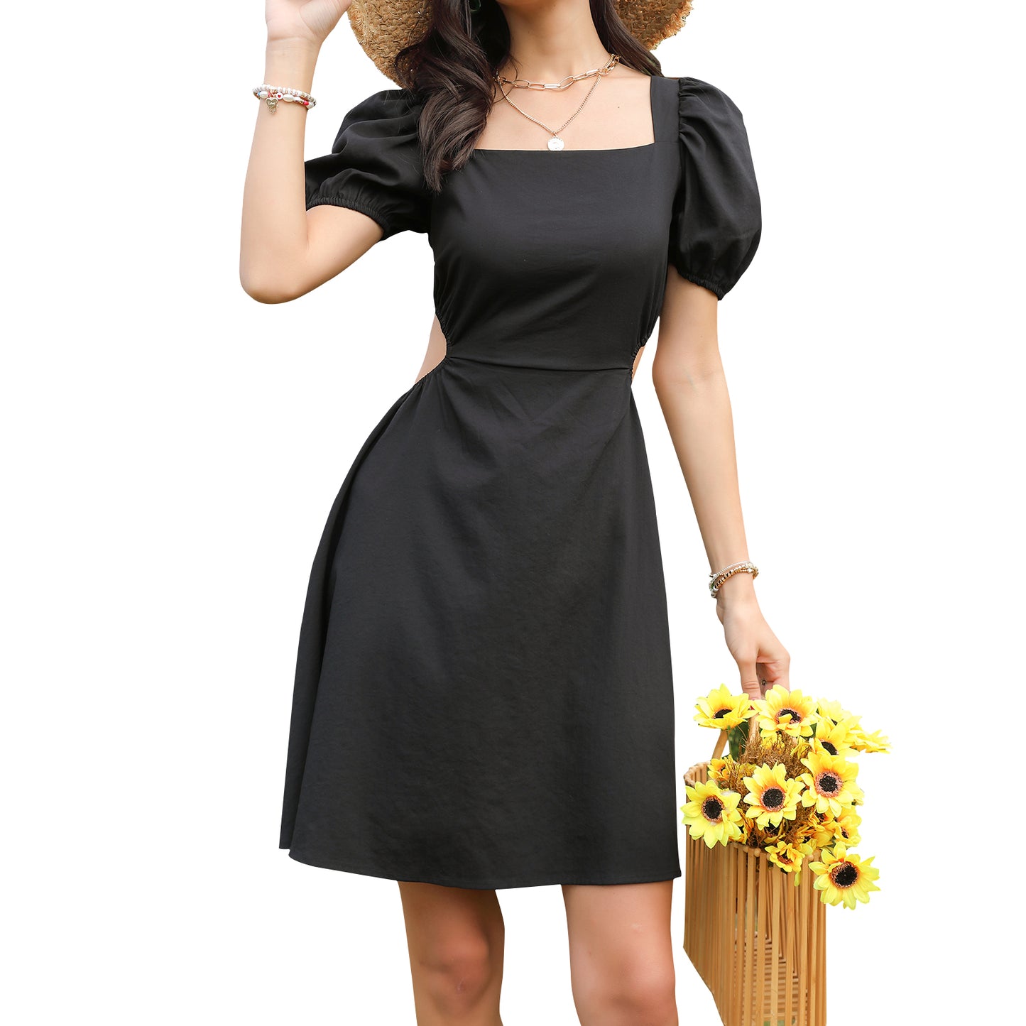 Exlura Women’s Backless Square Neck Party Dress Drawstring Tie Back Cut Out Puff Short Sleeve Club Mini Dress