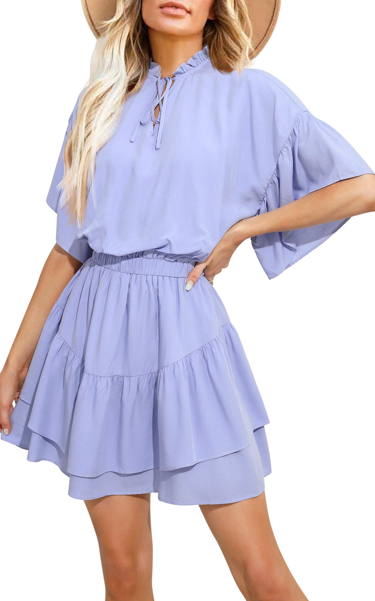 EXLURA Women’s Summer Boho Flowy Mini Dress - V Neck Short Bell Sleeve Layered Ruffle A Line Casual Wedding Guest Dress