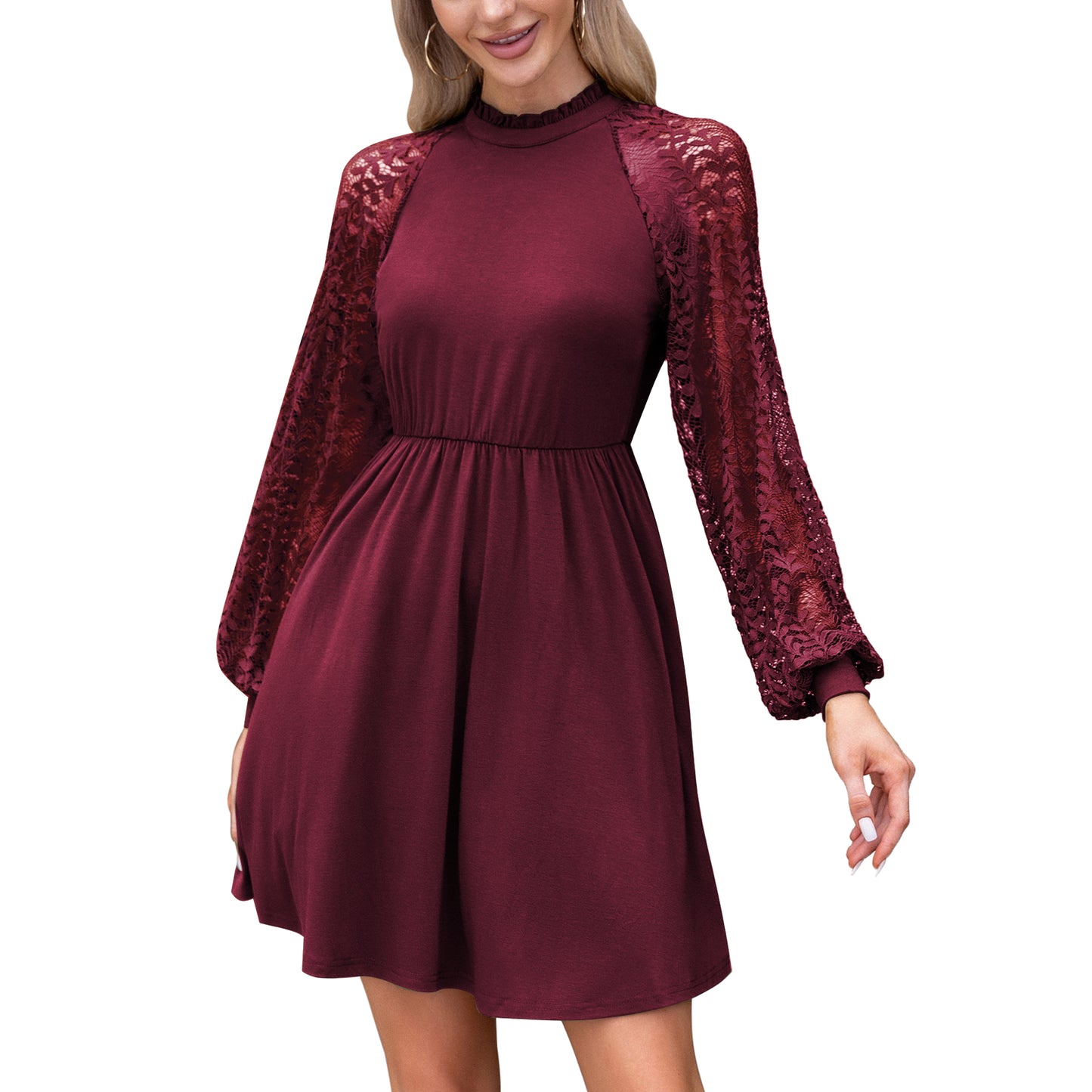 EXLURA Women’s Lace Tshirt Mini Dress Ruffle High Neck Long Puff Sleeve Swing Dress Flowy Wedding Guest Dresses