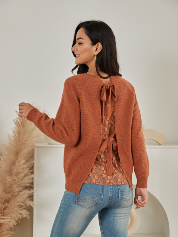 Exlura Womens Tie Back Backless Patchwork Lace Top Round Neck Long Sleeve Knit Pullover Sweater Sexy Casual Trendy Tops