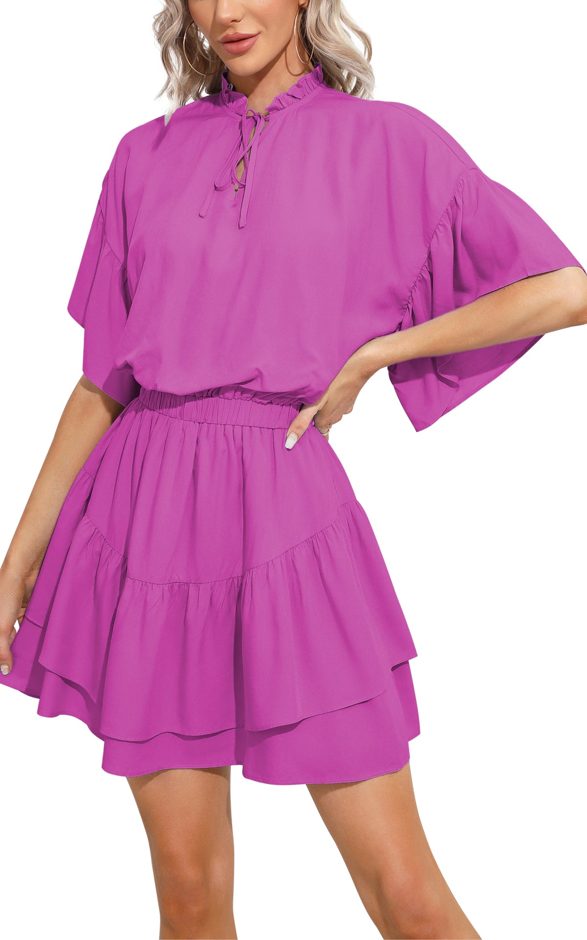 EXLURA Women’s Summer Boho Flowy Mini Dress - V Neck Short Bell Sleeve Layered Ruffle A Line Casual Wedding Guest Dress