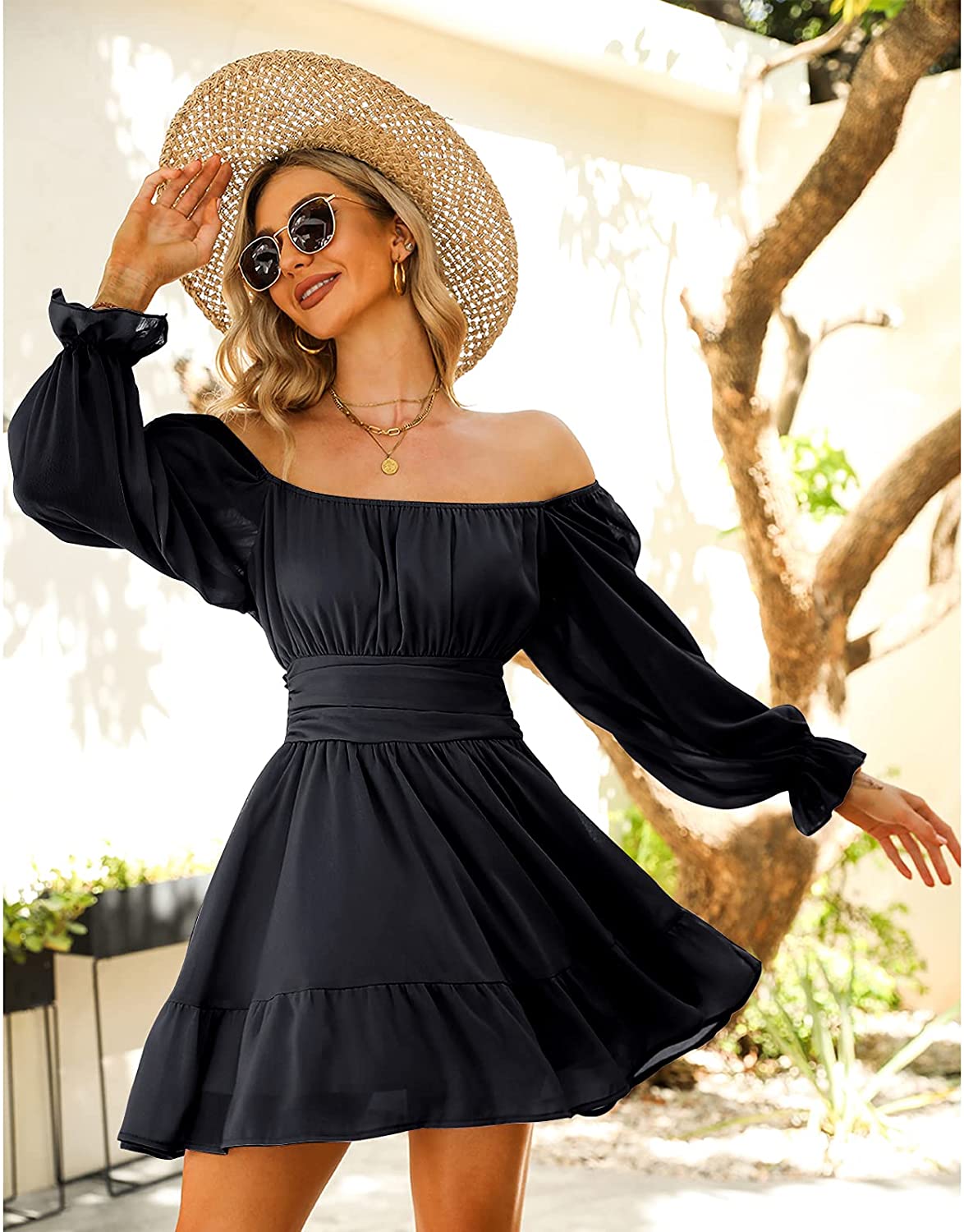 Long Lantern Sleeve Square Neck Dress Elastic Waist Aline Casual Mini Dress