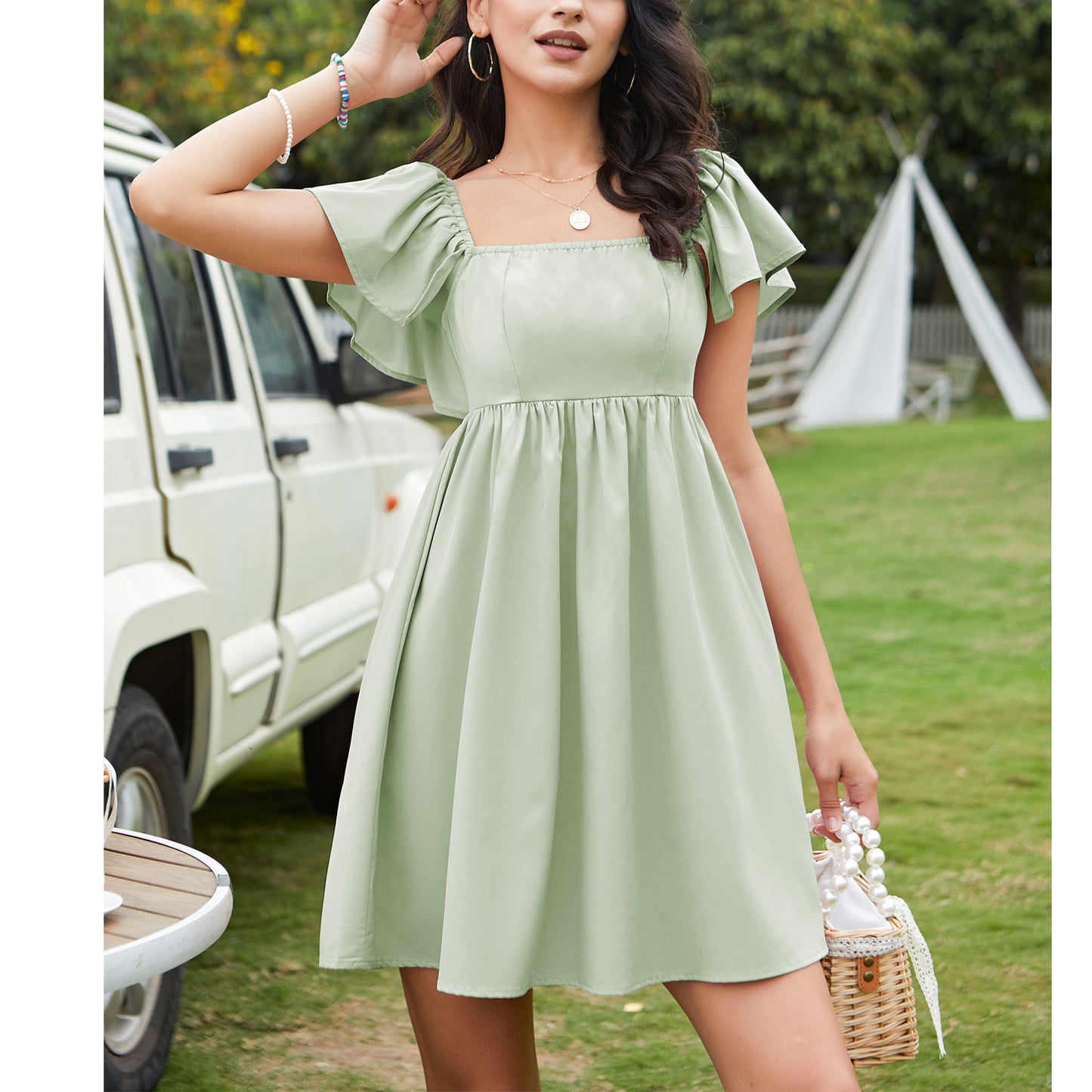 High Waist A-Line Smocked Back Zipper Mini Dress