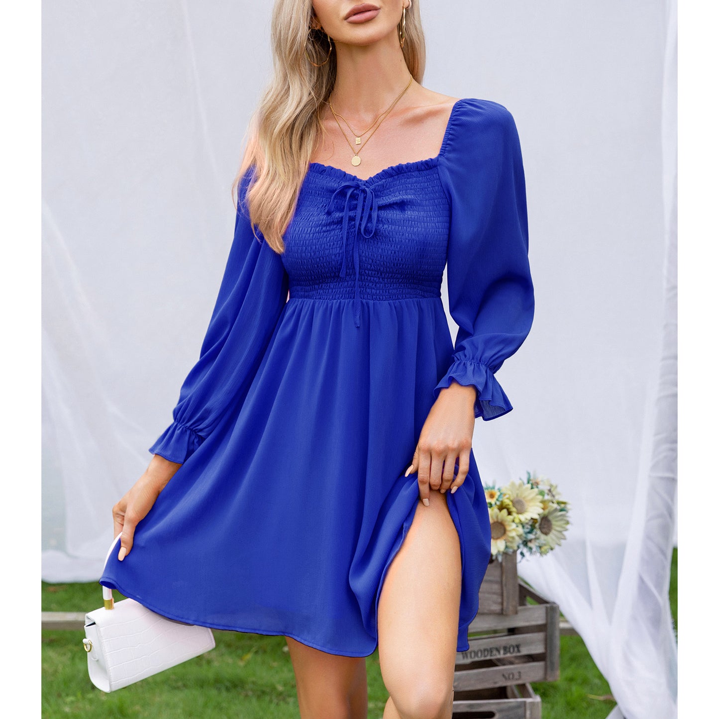 EXLURA Women’s Drawstring Mini Dress Sweetheart Neckline Smocked Flowy Dress Puff Long Sleeve Ruffle Cute Wedding Guest Dress