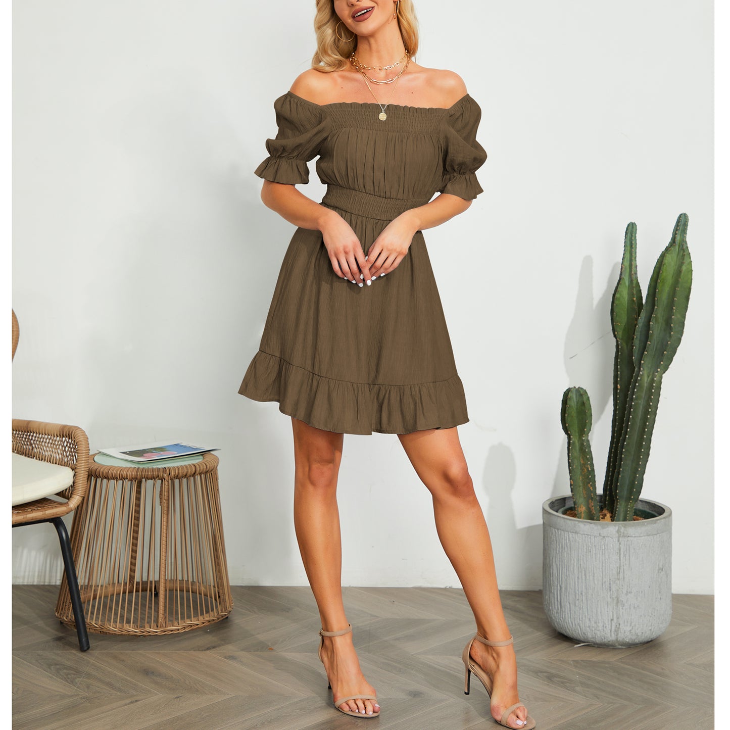 Exlura Women’s High Waist Square Neck Mini Dress Off Shoulder Smocked Puff Short Sleeve Summer Short Ruffle Dress