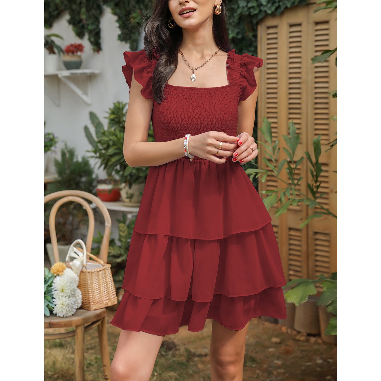 High Waist Sleeveless Ruffle Dress Backless Square Mini Summer Dress