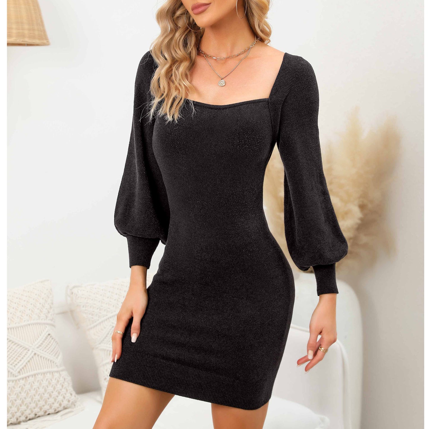 EXLURA Women’s Bodycon Pullover Sweater Dress Knit Backless Square Neck Long Lantern Sleeve Dress Sexy Mini Party Dress