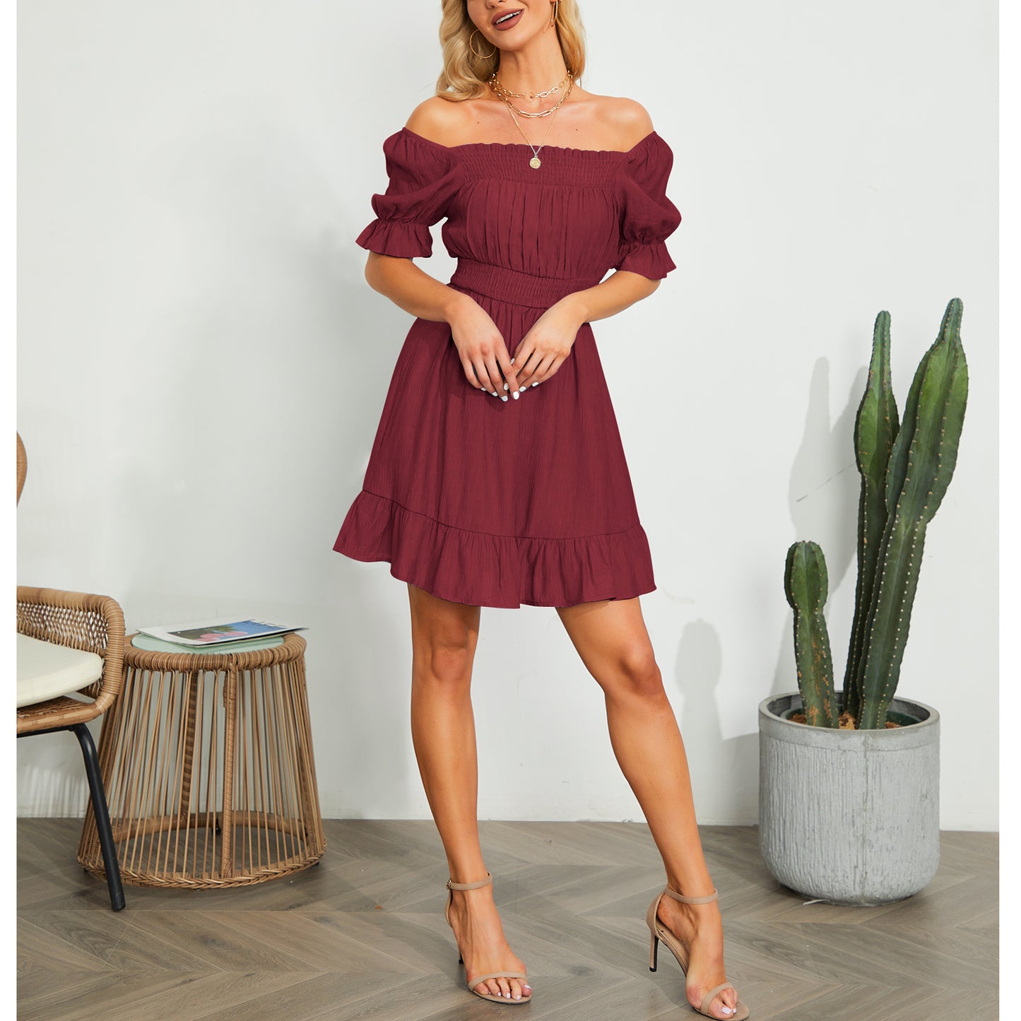 Exlura Women’s High Waist Square Neck Mini Dress Off Shoulder Smocked Puff Short Sleeve Summer Short Ruffle Dress