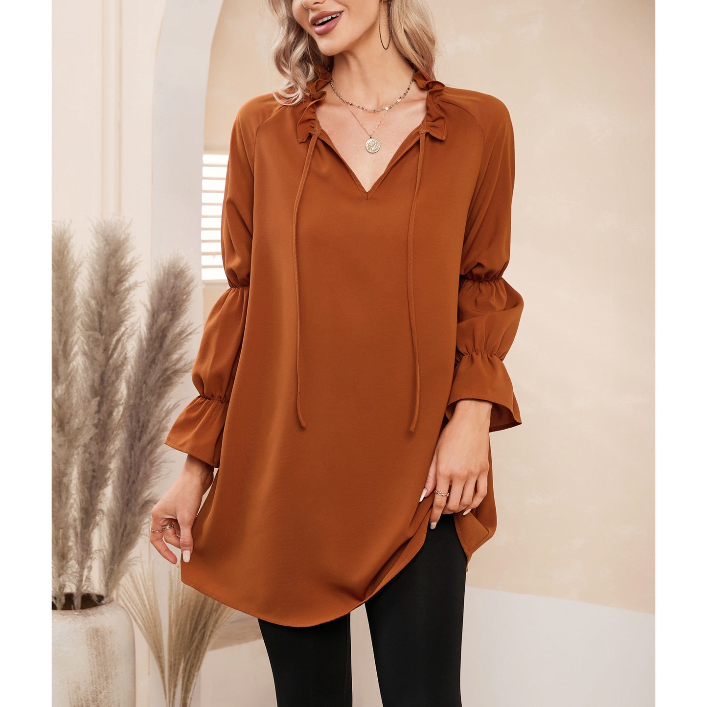 Exlura Women’s Vintage Casual Mini Dress Tie Front Ruffle Long Puff Sleeve Tunic Dress Cocktail Party Dress