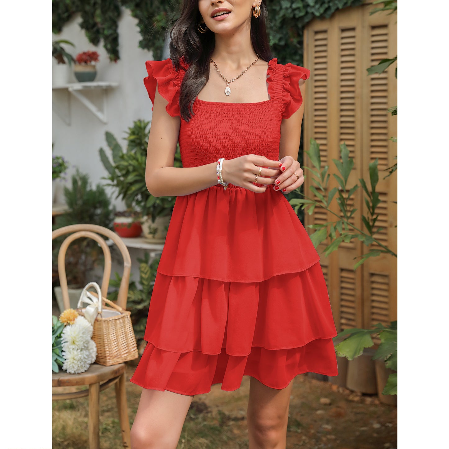 High Waist Sleeveless Ruffle Dress Backless Square Mini Summer Dress