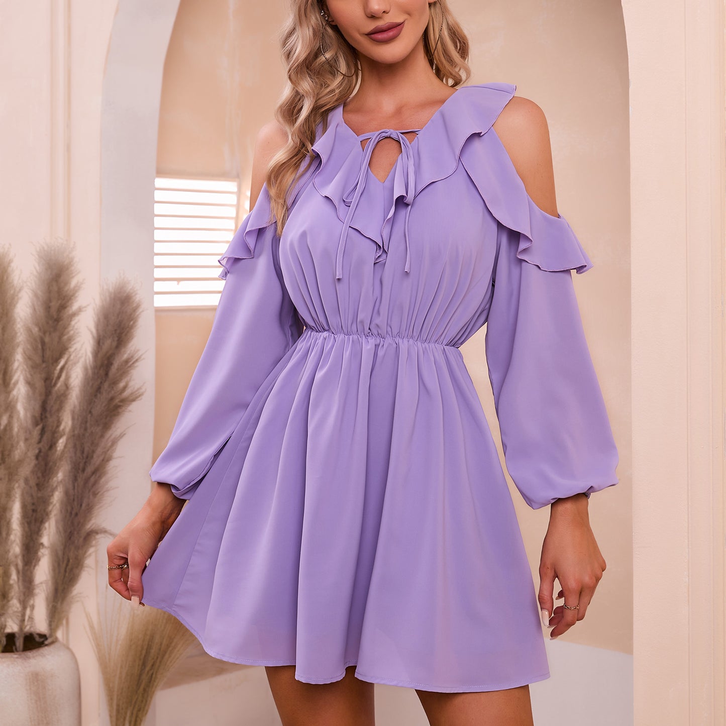 Exlura Women’s Ruffle Swing Mini Dress Cold Shoulder V Neck Long Sleeve Dress Cute Bridal Shower Wedding Guest Dress