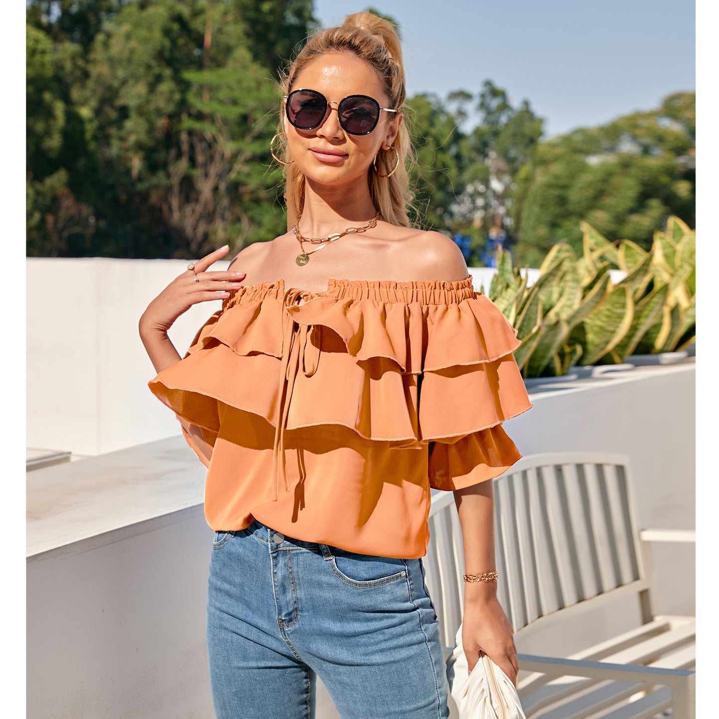 Off Shoulder Ruffle Long Sleeve Blouses Casual Layered Tops