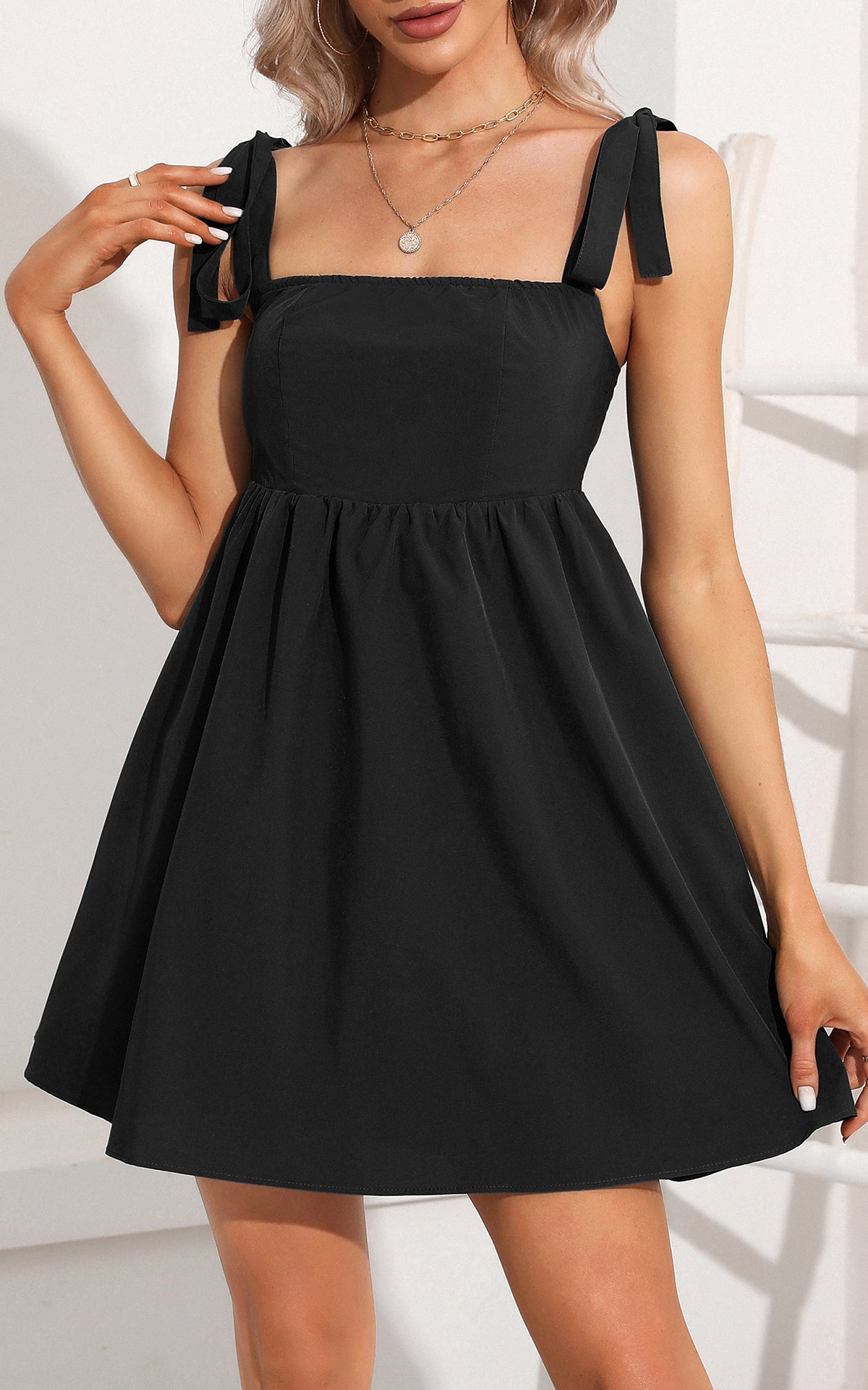 Summer Empire Waist Mini Sundresses - Sleeveless Tie Strap