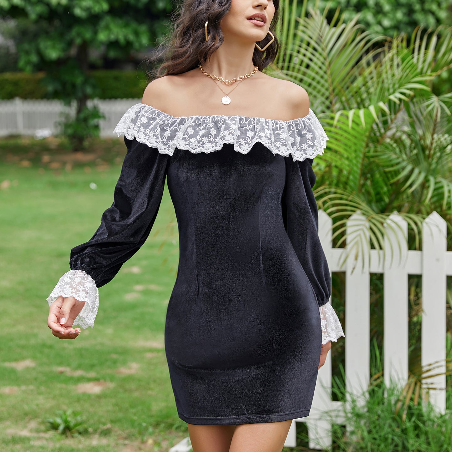 Exlura Women’s Lace Ruffle Velvet Mini Dress Square Neck Long Lantern Sleeve Victorian Dress Club Cocktail Party Bodycon Dress