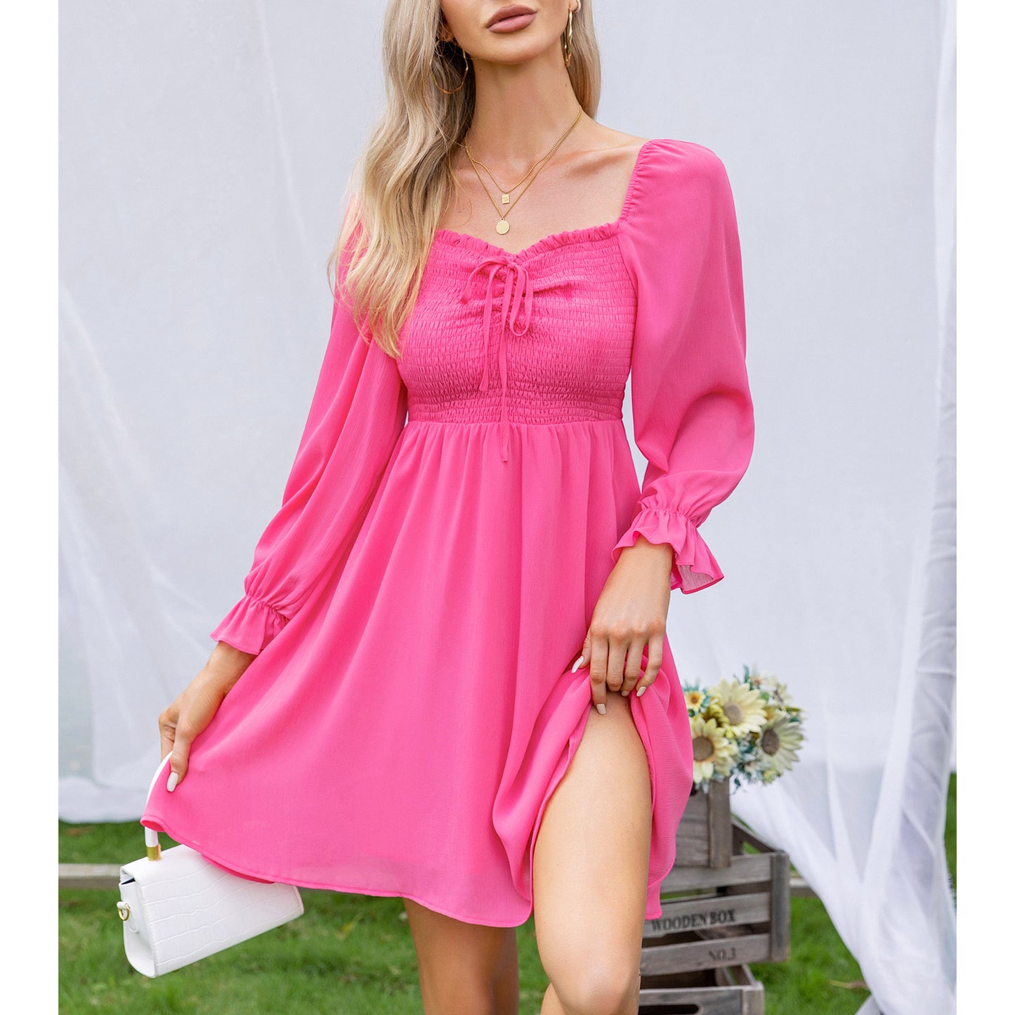 EXLURA Women’s Drawstring Mini Dress Sweetheart Neckline Smocked Flowy Dress Puff Long Sleeve Ruffle Cute Wedding Guest Dress