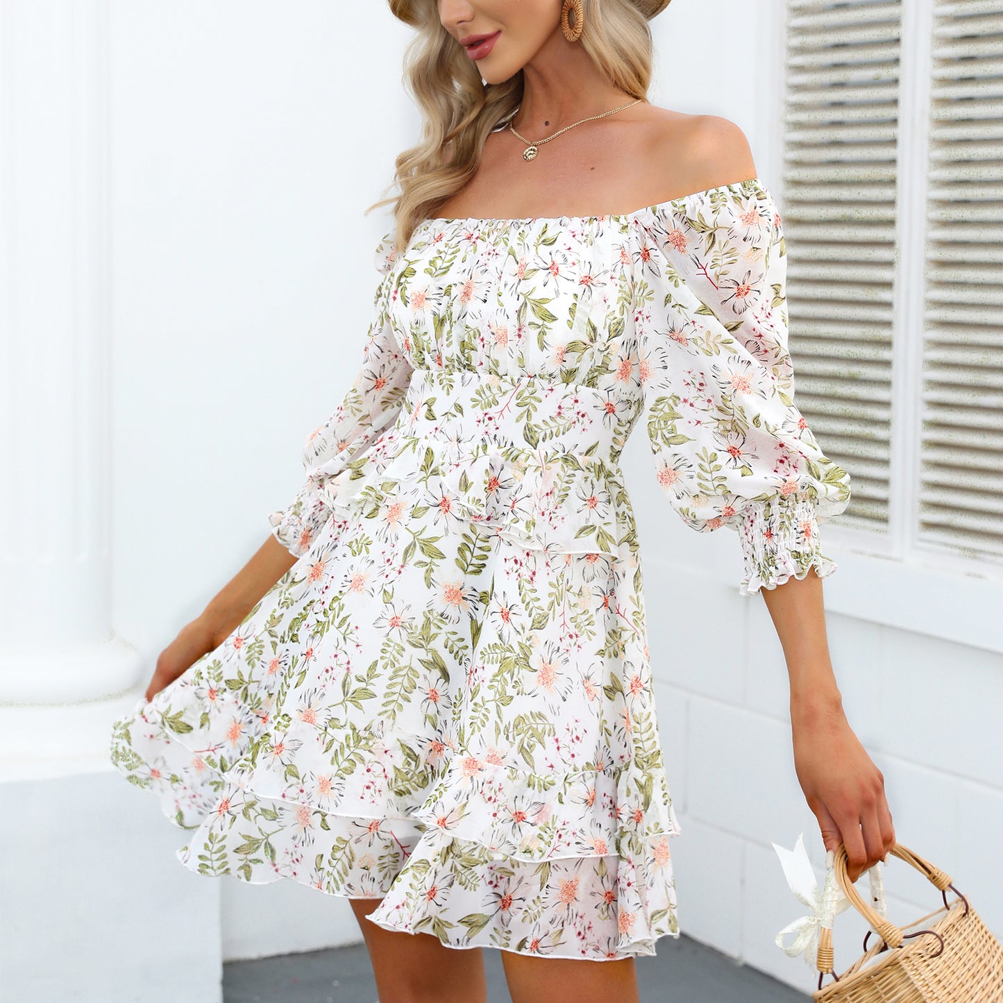 Tiered Square Neck Off Shoulder Smocked Skater  Sundress