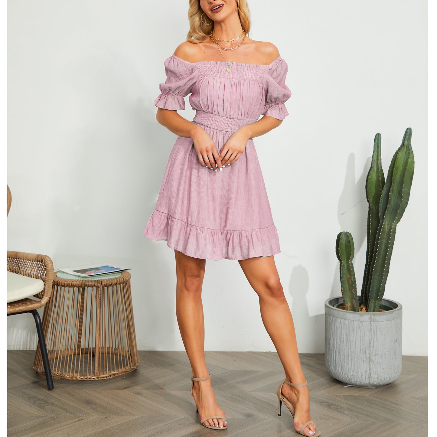 Exlura Women’s High Waist Square Neck Mini Dress Off Shoulder Smocked Puff Short Sleeve Summer Short Ruffle Dress