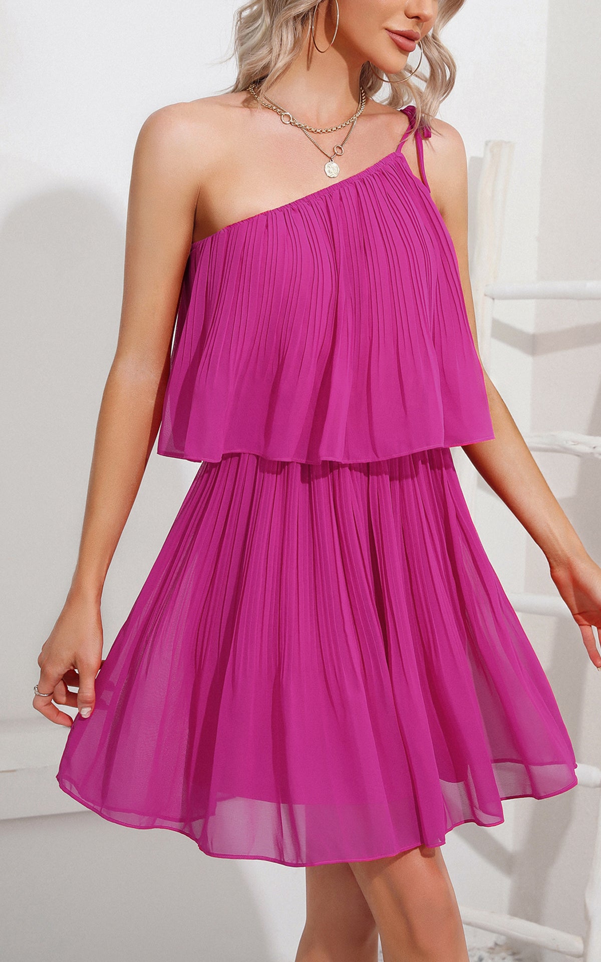 Summer Mini Sundress - One Shoulder Spaghetti Strap Tiered