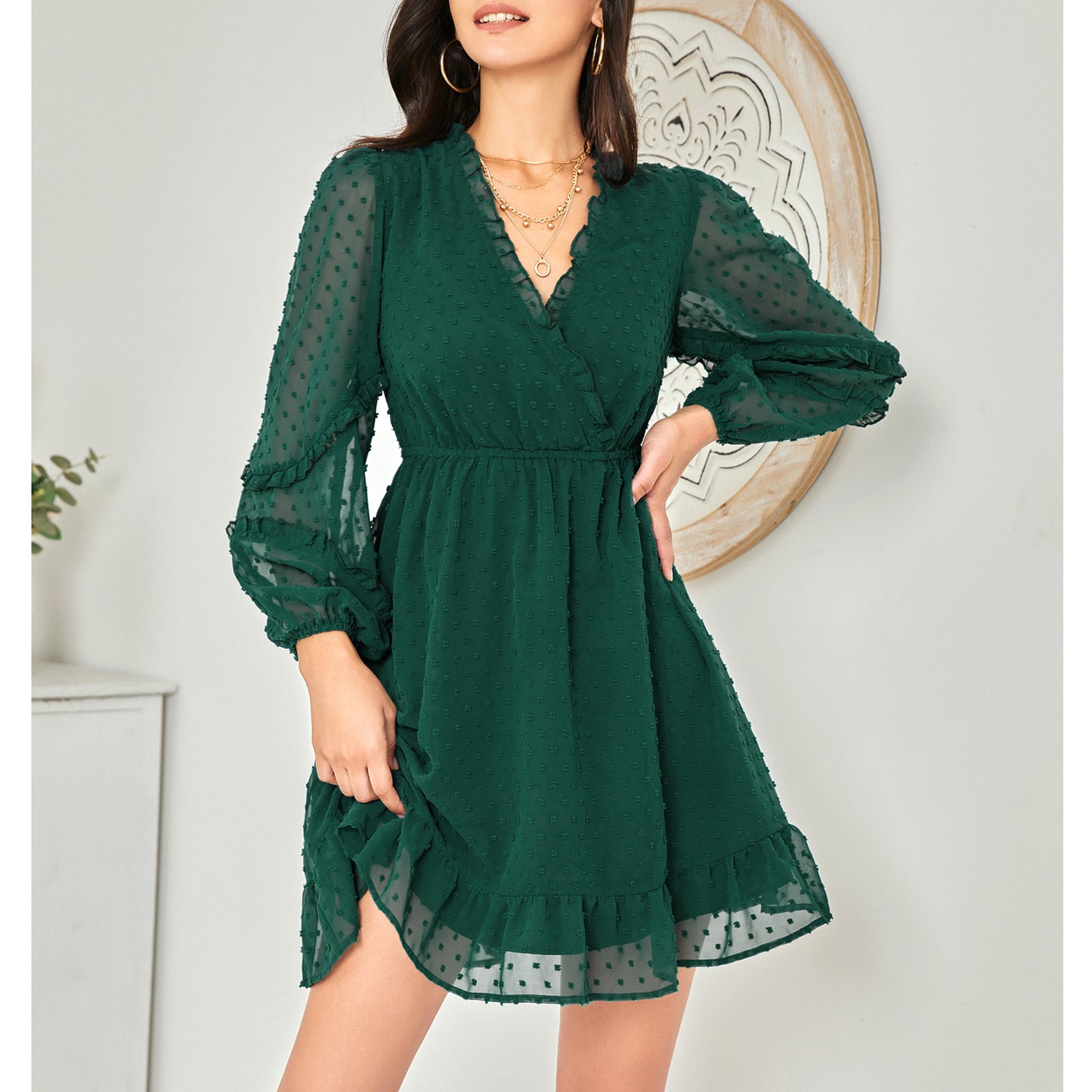 BYINNS Women’s Swiss Dot V Neck Ruffle Mini Dress Long Puff Sleeve Dress Elegant Vintage Cocktail Wedding Guest Dress