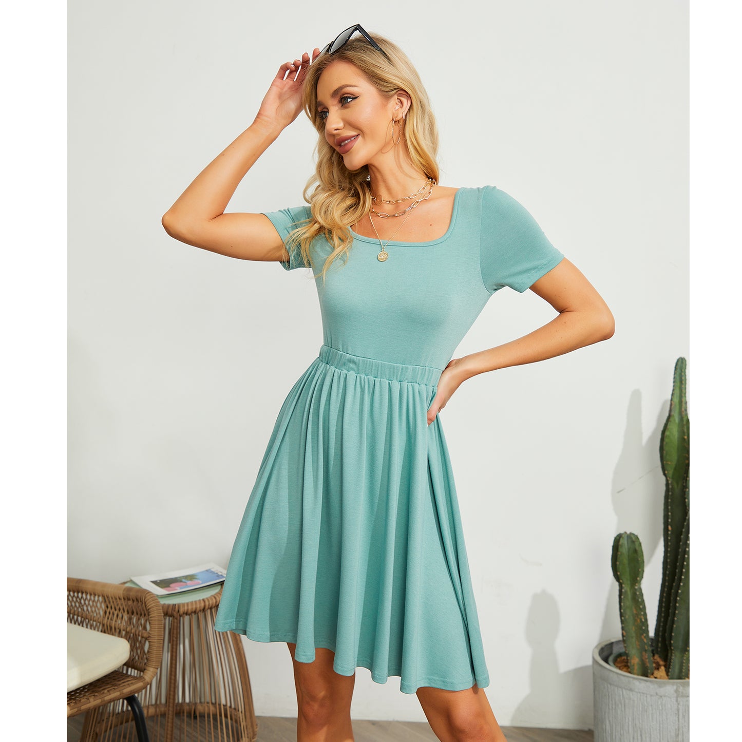 Exlura Women’s Short Sleeve Square Neck Skater Dress Backless Knit Tie Back High Waist Flowy Mini Dress