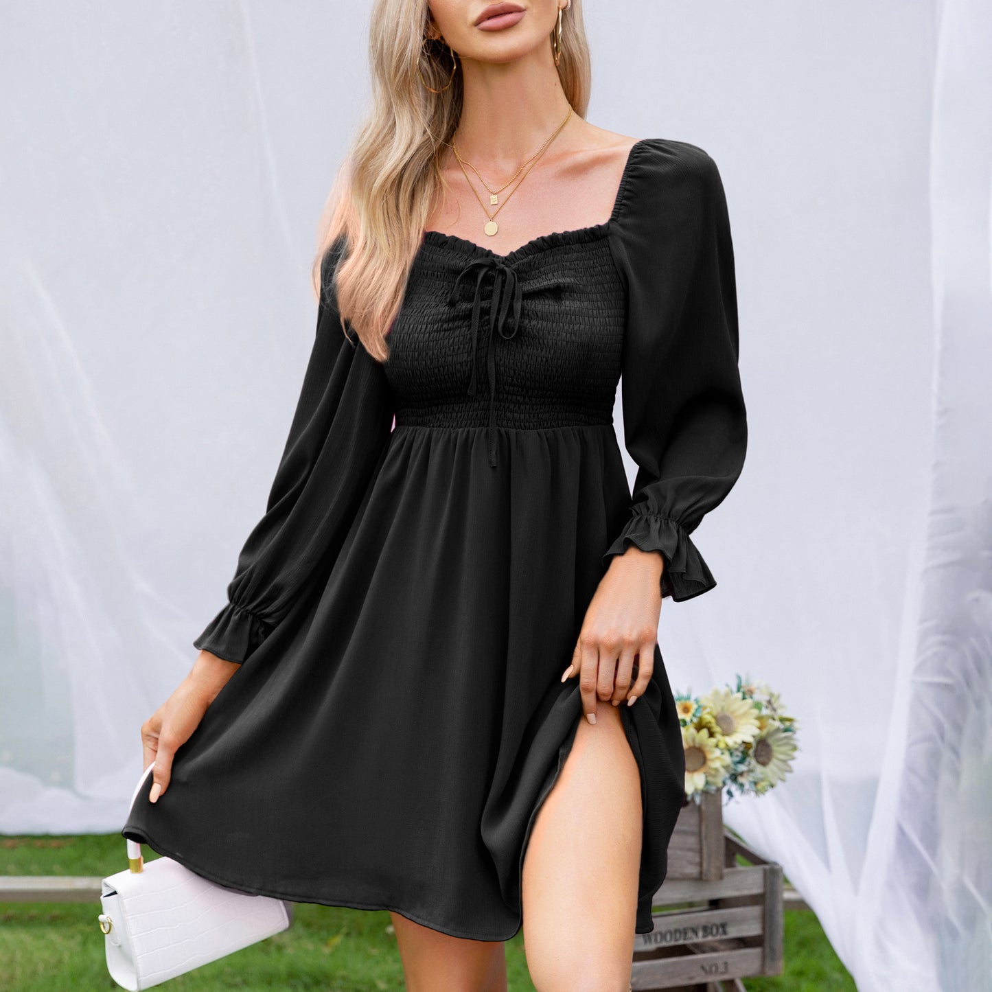 EXLURA Women’s Drawstring Mini Dress Sweetheart Neckline Smocked Flowy Dress Puff Long Sleeve Ruffle Cute Wedding Guest Dress