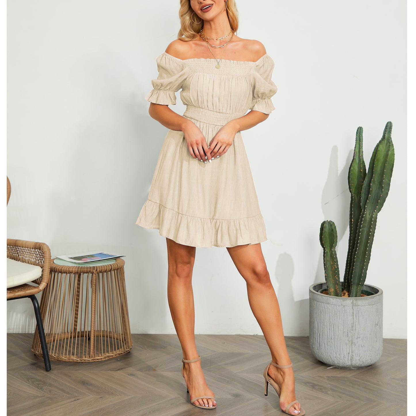 Exlura Women’s High Waist Square Neck Mini Dress Off Shoulder Smocked Puff Short Sleeve Summer Short Ruffle Dress