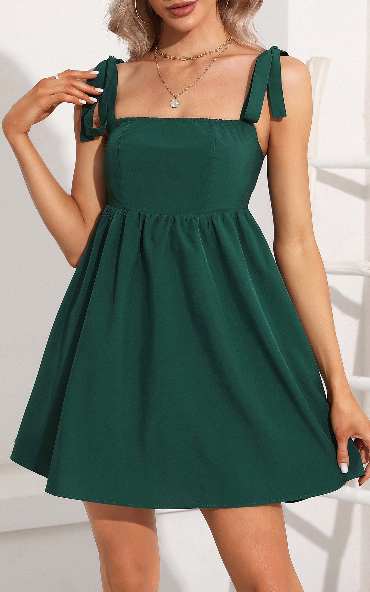 Summer Empire Waist Mini Sundresses - Sleeveless Tie Strap