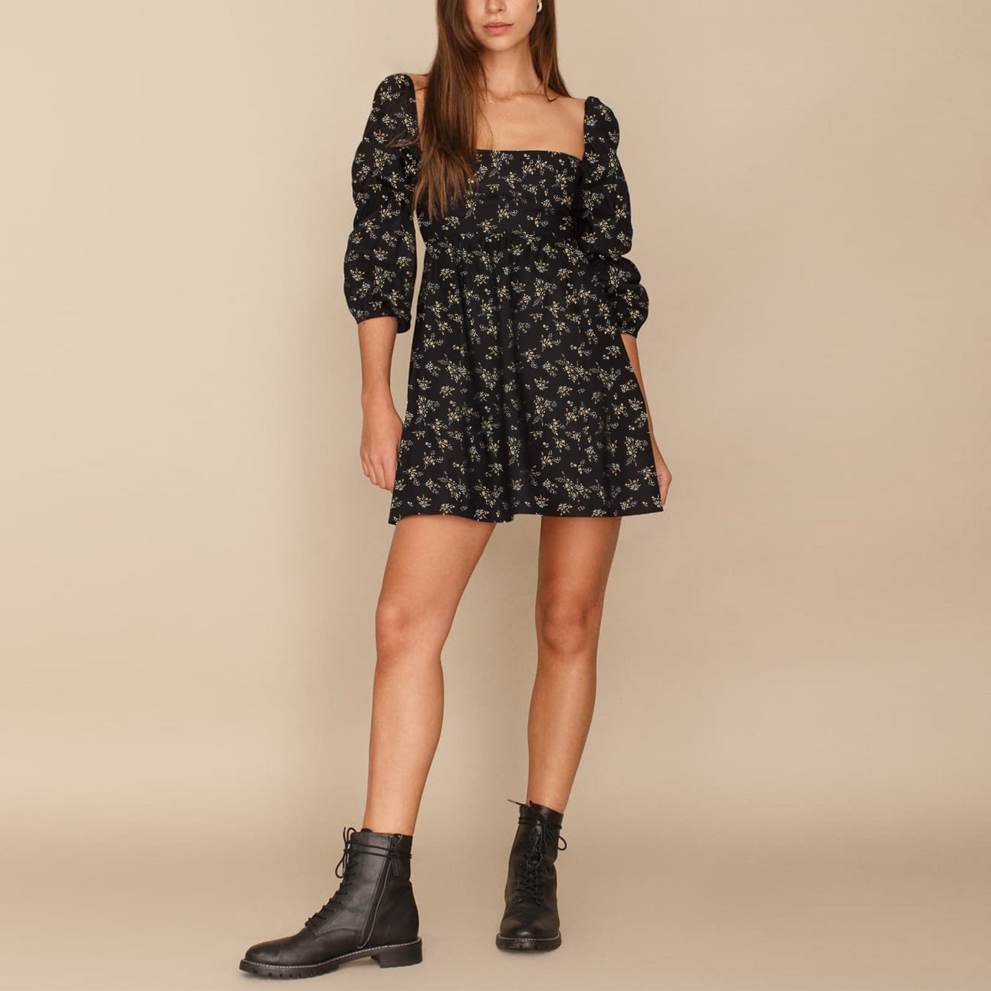 Square Neck Dress Long Puff Sleeve A-Line Casual Short Mini Dress