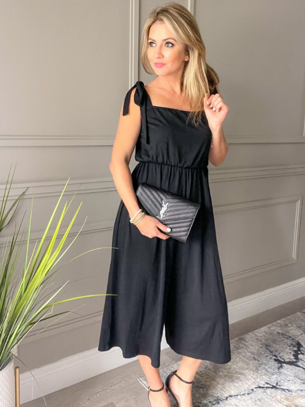Byinns Women’s Square Neck Sleeveless Strappy Long Romper Tie Shoulder Wide Leg High Waist Knit Jumpsuit Playsuit