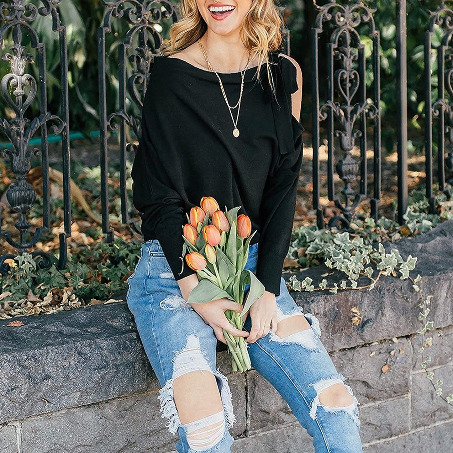 Tie Knot One Shoulder Blouse Batwing Sleeve Elegant Loose Fit Tops