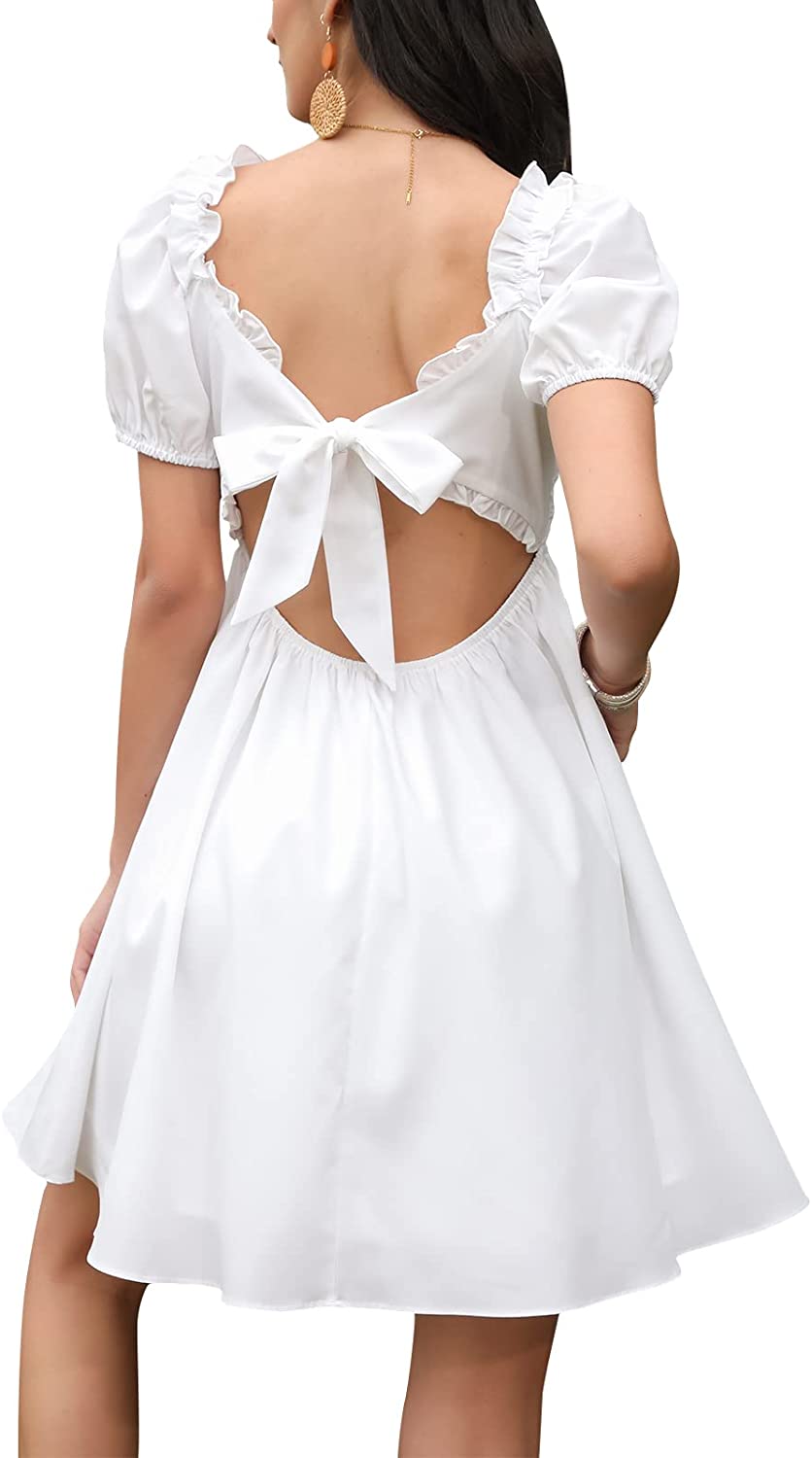 Byinns Womens Square Neck Tie Back Ruffle Off Shoulder Dress Summer Smocked A-Line Flowy Casual Mini Dress