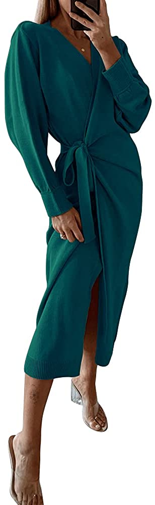 EXLURA Womens Knit Sweater Dress Casual Solid Long Sleeve Wrap Maxi Dresses with Belt