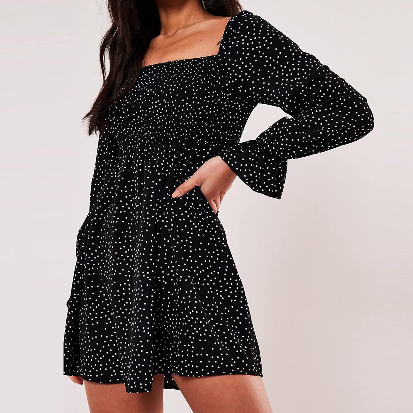 Exlura Womens Square Neck Long Sleeve High Waist Smocked A Line Ruffle Swing Short Dress