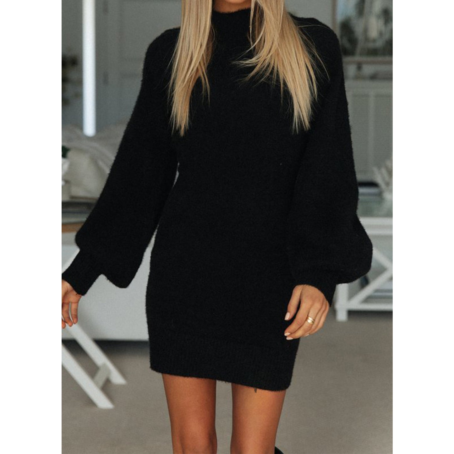 Turtleneck Puff Long Sleeve Bodycon Pullover Cute Mini Sweater Dress