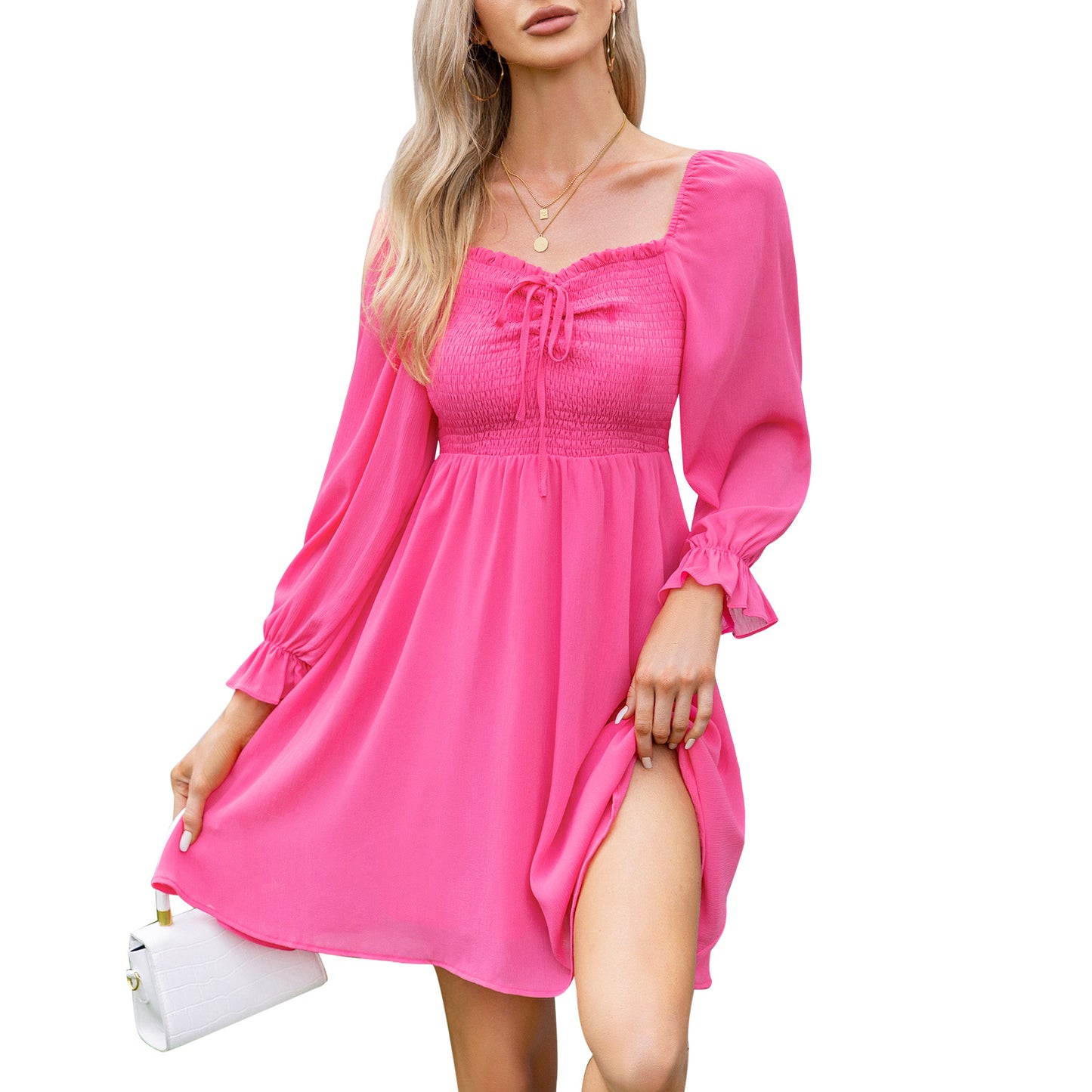 EXLURA Women’s Drawstring Mini Dress Sweetheart Neckline Smocked Flowy Dress Puff Long Sleeve Ruffle Cute Wedding Guest Dress