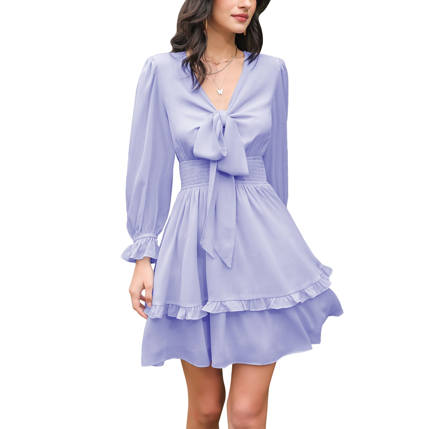 EXLURA Women Tie Front Elastic Waist Tiered Ruffle Layer Floral Balloon Long Sleeve V-Neck A-Line Mini Dress